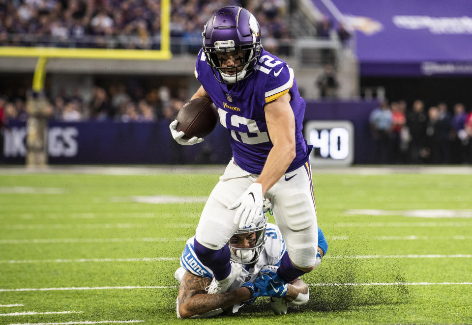 <p>Chad Beebe #12 of the Minnesota Vikings is tackled with the ball in the first quarter of the game against the Detroit Lions at U.S. Bank Stadium on November 4, 2018 in Minneapolis, Minnesota. (Photo by Stephen Maturen/Getty Images) </p>