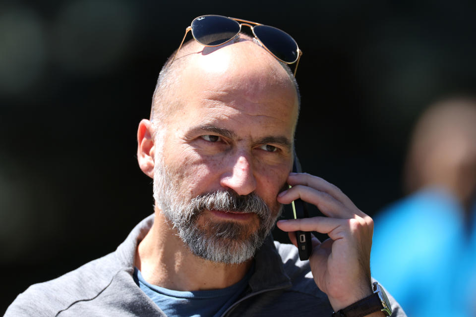 Dara Khosrowshahi, Uber CEO, walks to lunch at the Allen & Company Sun Valley Conference on July 12, 2023 in Sun Valley, Idaho.