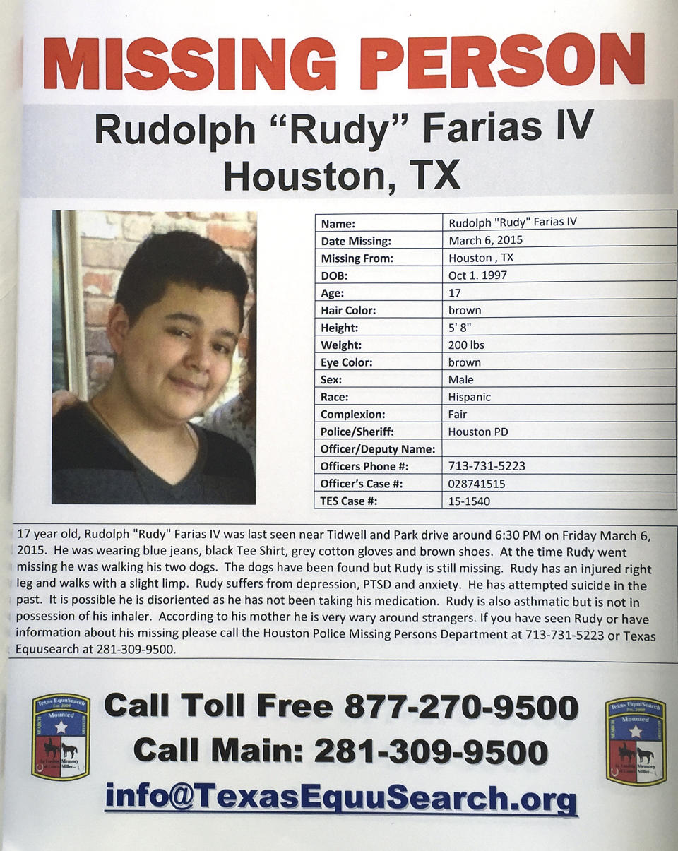 A missing poster for Rudolph "Rudy" Farias IV is shown during the Missing Person Day event at City Hall Sunday, Jan. 31, 2016, in Houston. Farias, who went missing as a teenager in 2015 after last being seen walking his dogs in Houston has been found alive, his family and police said Monday, July 3, 2023. (TexasEquuSearch/Courtesy of Houston Chronicle via AP)