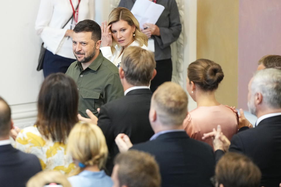Ukraine's President Volodymyr Zelenskyy and Ukraine's First Lady Olena Zelenska arrive at the Danish Parliament in Copenhagen, Monday Aug. 21, 2023. (Mads Claus Rasmussen/Ritzau Scanpix via AP)