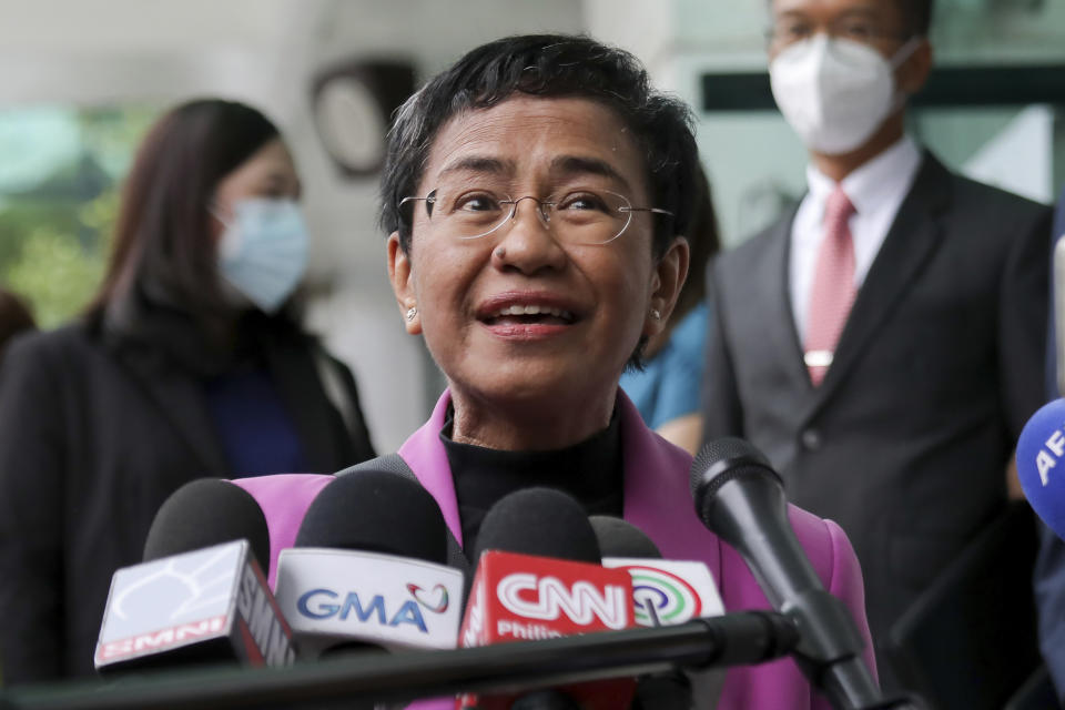 Filipino journalist Maria Ressa, one of the winners of the 2021 Nobel Peace Prize and Rappler CEO, speaks to the media after a court decision at the Court of Tax Appeals in Quezon City, Philippines Wednesday, Jan. 18, 2023. The tax court on Wednesday cleared Ressa and her online news company of tax evasion charges she said were part of a slew of legal cases used by former President Rodrigo Duterte to muzzle critical reporting. (AP Photo/Basilio Sepe)