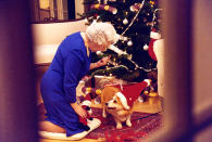 <div class="caption-credit"> Photo by: Alison Jackson/Rex</div>Oh, Will's grandma showed up too. She's a doll. Her Corgis, not so much. Here she is attempting to clean up one of many 'Christmas miracles' they left for us.