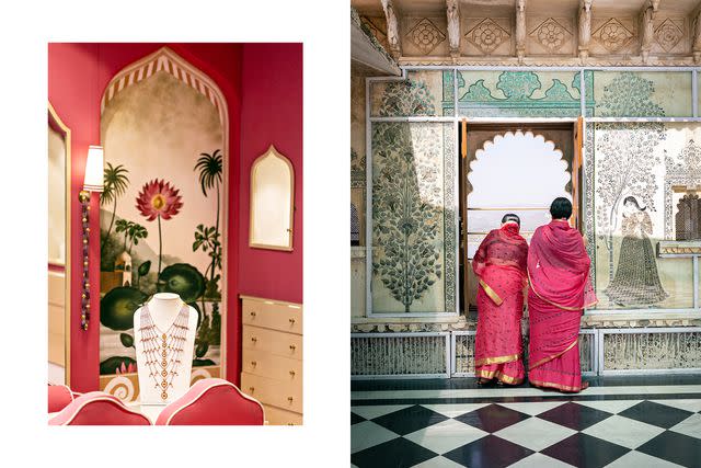 <p>Aparna Jayakumar</p> From left: A pink tourmaline and amethyst sathlada, or seven-strand necklace, on display at Gem Palace, in Jaipur; taking in views of Lake Pichola from the Zenana Mahal, or Palace of the Queens, part of Udaipur's City Palace.