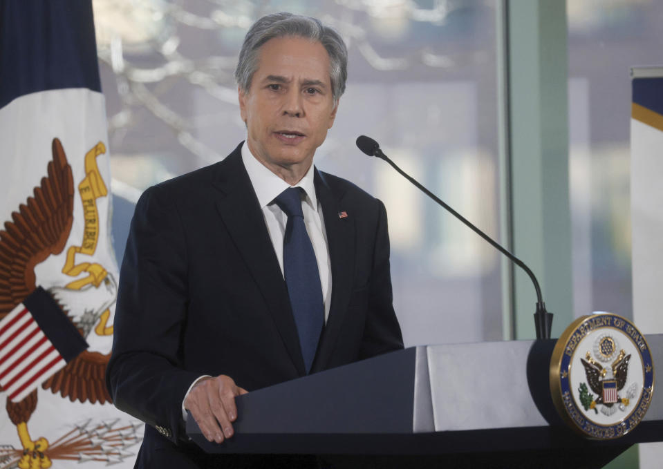 U.S. Secretary of State Antony Blinken speaks about modernizing American diplomacy during a speech at the Department of State's Foreign Service Institute in Arlington, Va., Wednesday, Oct. 27, 2021. (Leah Millis/Pool via AP)