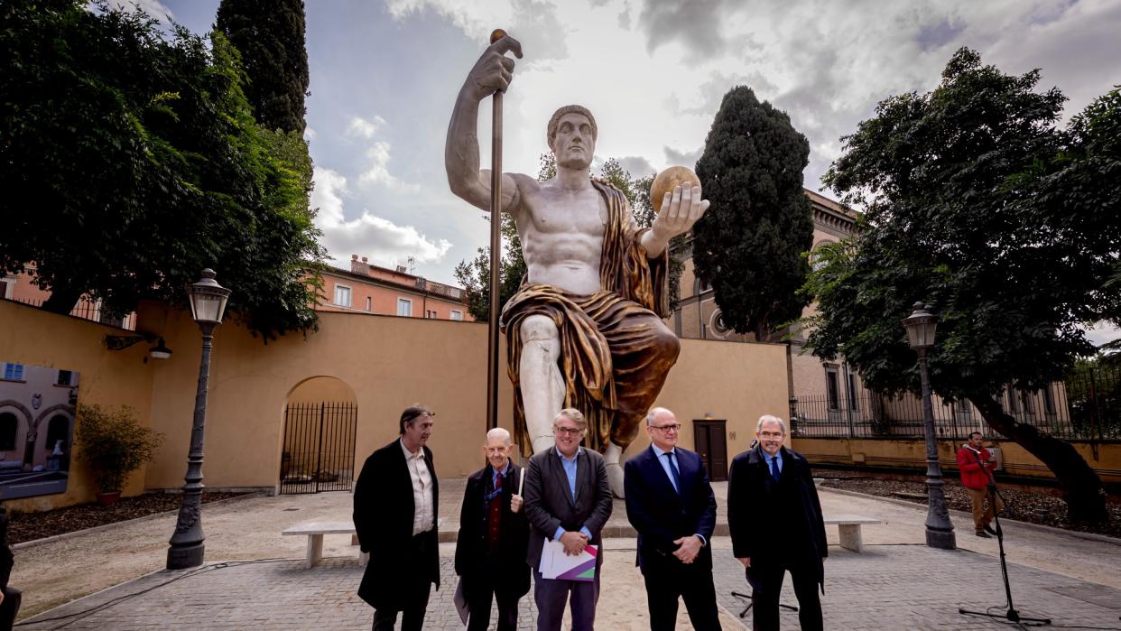   Adam Lowe, from the Factum Foundation for Digital Technology in Preservation, Salvatore Settis Member of the Steering Committee of Fondazione Prada, Councillor for Culture of Roma Capitale Miguel Gotor, the Mayor of Rome Roberto Gualtieri, Claudio Parisi Presicce Capitoline Superintendent of Cultural Heritage, during a press conference for the presentation of the reconstructed monumental Colossus of Constantine, in the garden of Villa Caffarelli at the Capitoline Museums on February 6, 2024, in Rome, Italy. 