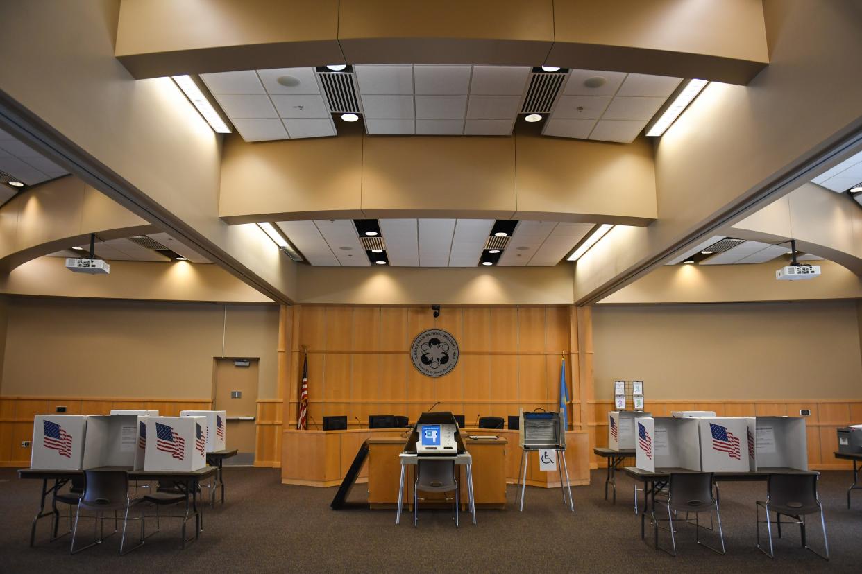 A group of voting booths on Tuesday, April 9, 2024, at Sioux Falls School District in Sioux Falls.