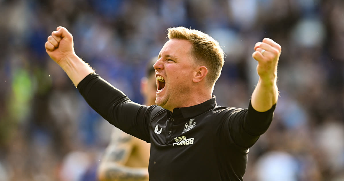  Newcastle United Head Coach Eddie Howe celebrates during the Premier League match between Chelsea FC and Newcastle United at Stamford Bridge on May 28, 2023 in London, England. 