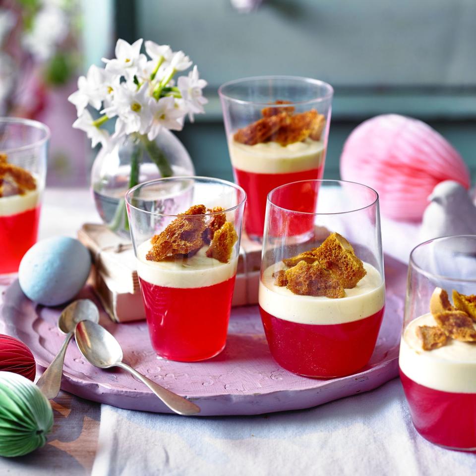 <p>Choose the pinkest rhubarb you can find to give the jelly its beautiful colour. If your rhubarb is green, you can mix a little red or pink food colouring into the syrup. If you don’t fancy making the honeycomb, some crumbled ginger biscuits also add lovely crunch.</p><p><strong>Recipe: <a href="https://www.goodhousekeeping.com/uk/food/recipes/a36404206/rhubarb-jelly-custard-ginger-honeycomb/" rel="nofollow noopener" target="_blank" data-ylk="slk:Rhubarb and Jelly Custard with Ginger Honeycomb;elm:context_link;itc:0;sec:content-canvas" class="link ">Rhubarb and Jelly Custard with Ginger Honeycomb</a></strong></p>