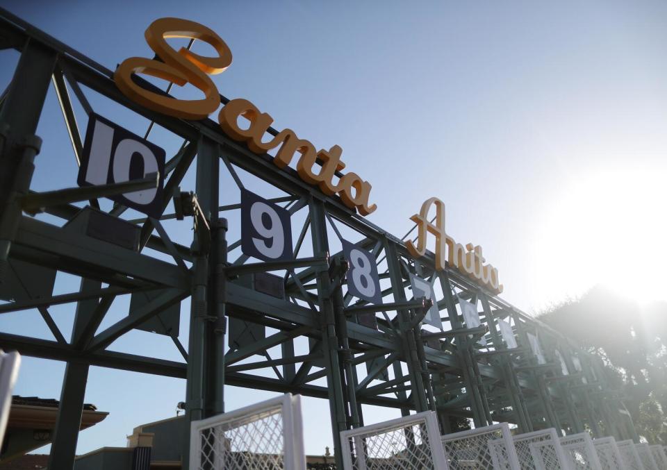 Sun shines on the Santa Anita Park starting gate.