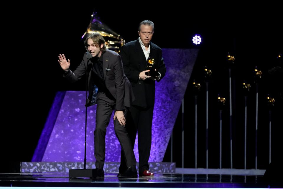 Feb 4, 2024; Los Angeles, CA, USA; Jason Isbell And The 400 Unit accept the award for Best Americana Album during the 66th Annual GRAMMY Awards Premiere Ceremony at the Peacock Theater in Los Angeles on Sunday, Feb. 4, 2024.