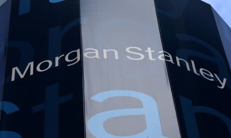 The corporate logo of financial firm Morgan Stanley is pictured on the company's world headquarters in New York, New York January 20, 2015. REUTERS/Mike Segar/File Photo