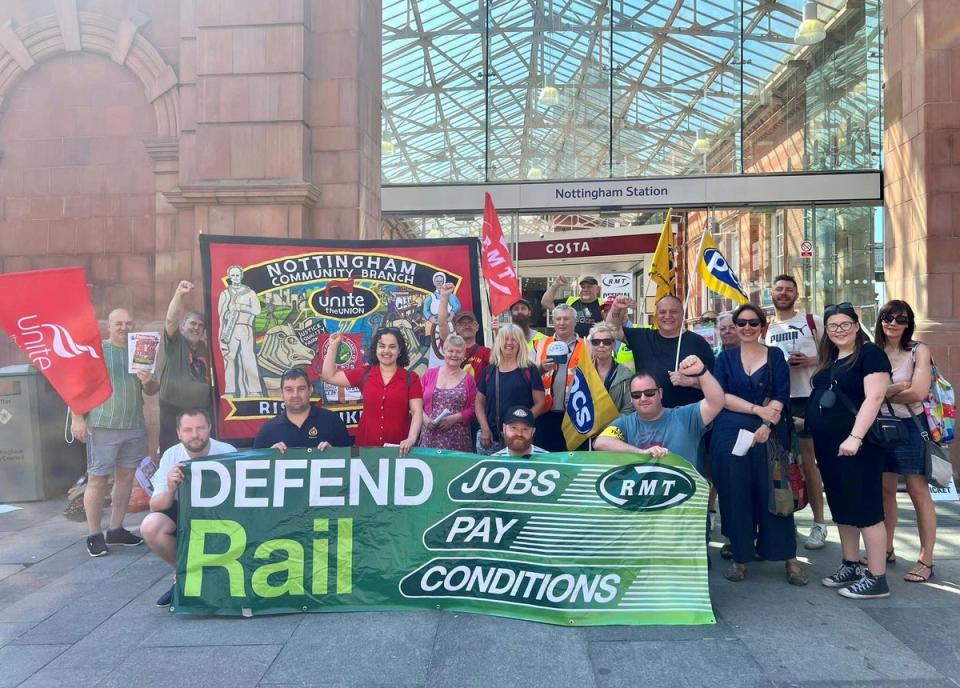 The RMT picket line outside Nottingham railway station (Nadia Whittome) (PA Media)