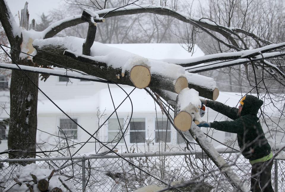 Justin Southwick, with Birchcrest Tree and Landscaping clears a tree off a power line in Penfield during the March 2018 snowstorm.