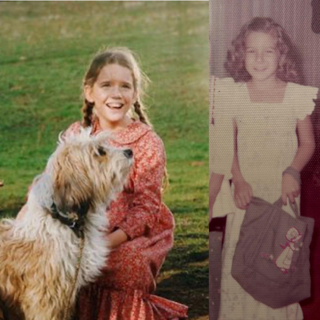 Melissa Gilbert as Laura Ingalls on "Little House" with her dog, Jack. Laura Trujillo on her first day of kindergarten, 1975, dressed as much like Laura Ingalls with a school bag with an embroidered Laura Ingalls on it.