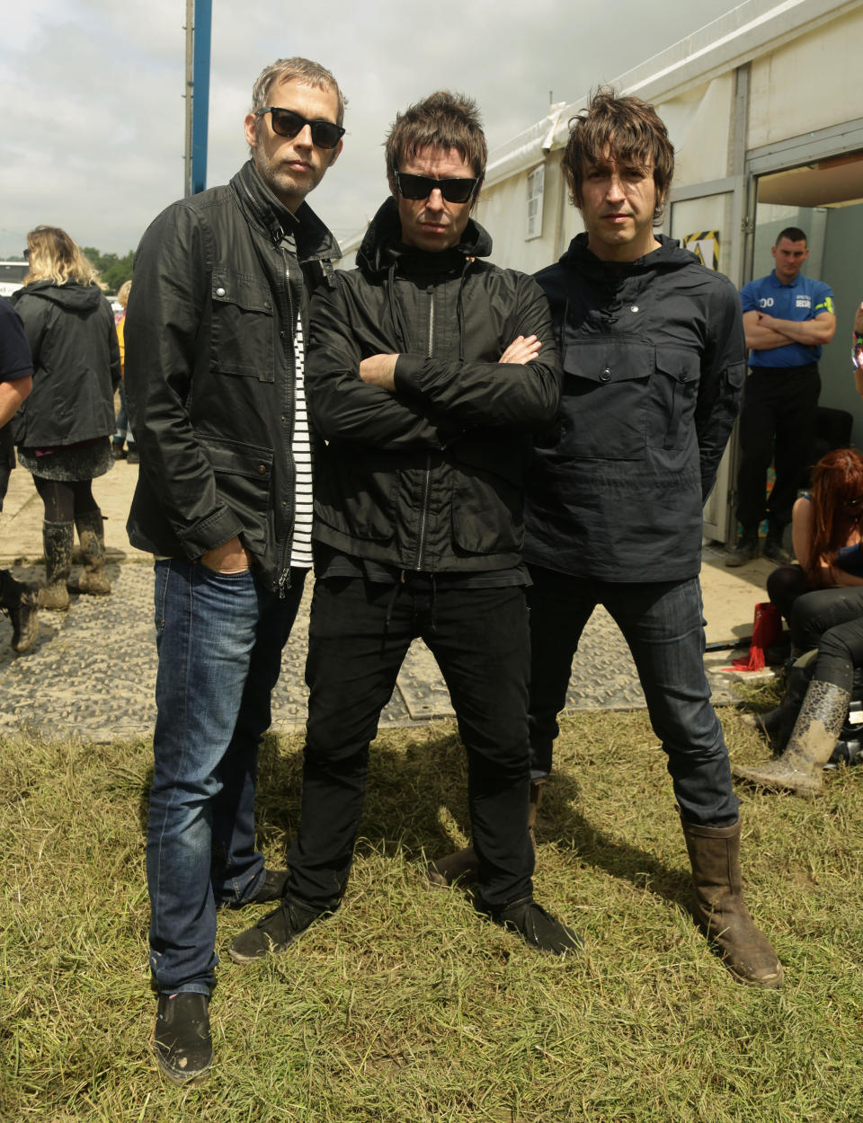 (Left to right) Andy Bell, Liam Gallagher and Gem Archer of Beady Eye backstage at the Glastonbury Festival, at Worthy Farm in Somerset.