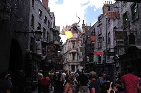 A dragon breathes fire above The Wizarding World of Harry Potter-Diagon Alley during a media preview at the Universal Orlando Resort in Orlando, Florida June 19, 2014. REUTERS/David Manning