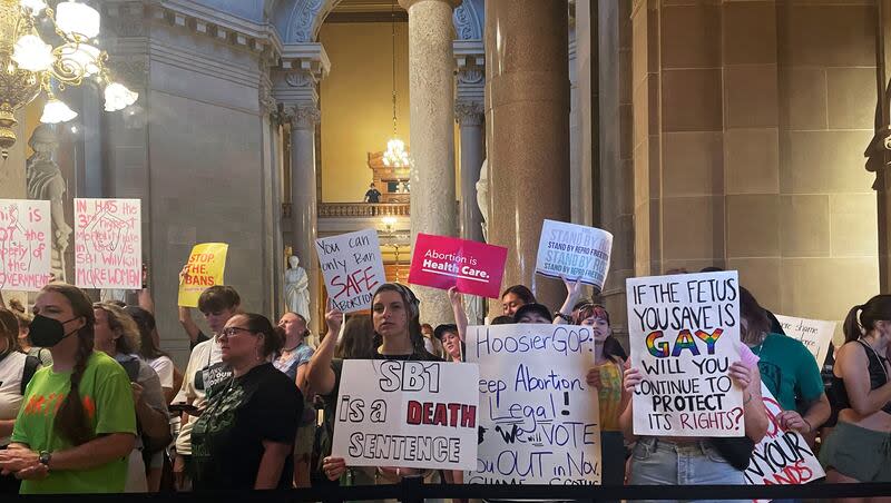 Abortion-rights protesters fill Indiana Statehouse corridors and cheer outside legislative chambers, Friday, Aug. 5, 2022, as lawmakers vote to concur on a near-total abortion ban, in Indianapolis. Critics of religious freedom laws often argue they are used to discriminate against LGBTQ people and only protect a conservative Christian worldview. But following the U.S. Supreme Court’s overturning of Roe v. Wade in June, religious abortion-rights supporters are using these laws to protect access to abortion and defend their beliefs.