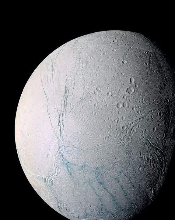 An image of Saturn's moon Enceladus, taken by the Cassini spacecraft.