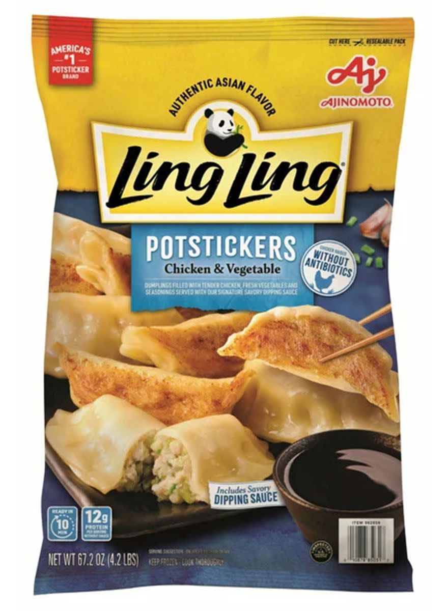 A package of Ling Ling Chicken & Vegetable Potstickers against a white background