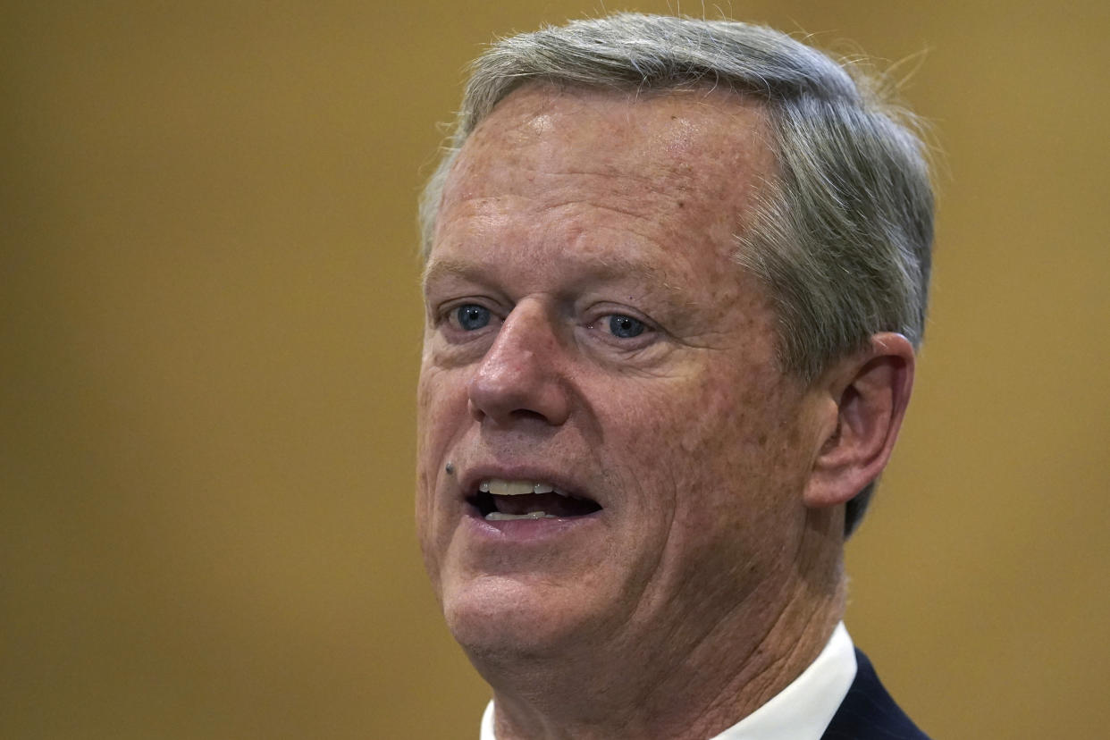 FILE - Republican Massachusetts Gov. Charlie Baker speaks with reporters during a news conference on Nov. 9, 2022, at the Statehouse in Boston. Baker will be the next president of the NCAA, replacing Mark Emmert as the head of the largest college sports governing body in the country. (AP Photo/Steven Senne, File)