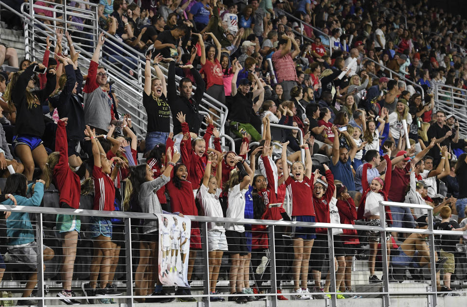 WASHINGTON, DC - AUGUST 24:  A sell out crowd does the wave during the second half of the National Women's Soccer League game between the Washington Spirit and the Orlando Pride at Audi Field on Saturday, August 24, 2019. The Washington Spirit defeated the Orlando Pride 2-1. (Photo by Toni L. Sandys/The Washington Post via Getty Images)