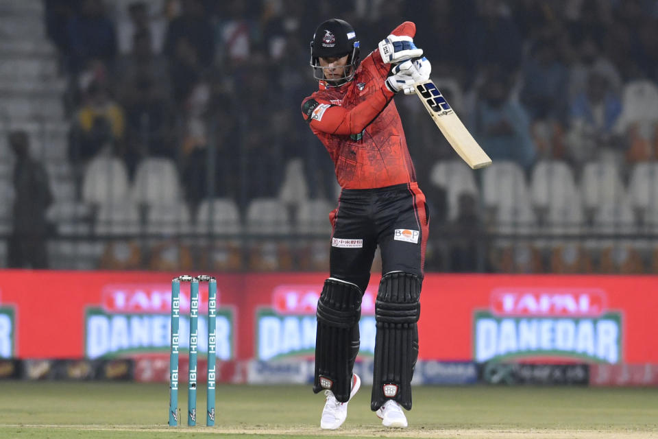 Lahore Qalandars' Rassie van der Dussen plays a shot during the Pakistan Super League T20 cricket match between Multan Sultans and Lahore Qalandars in Multan, Pakistan Wednesday, Feb. 21, 2024. (AP Photo/M. Khan)