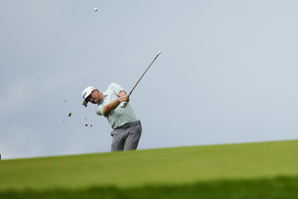 Keegan Bradley hits off the 14th fairway during the third round of the Travelers Championship golf tournament at TPC River Highlands, Saturday, June 24, 2023, in Cromwell, Conn. (AP Photo/Frank Franklin II)