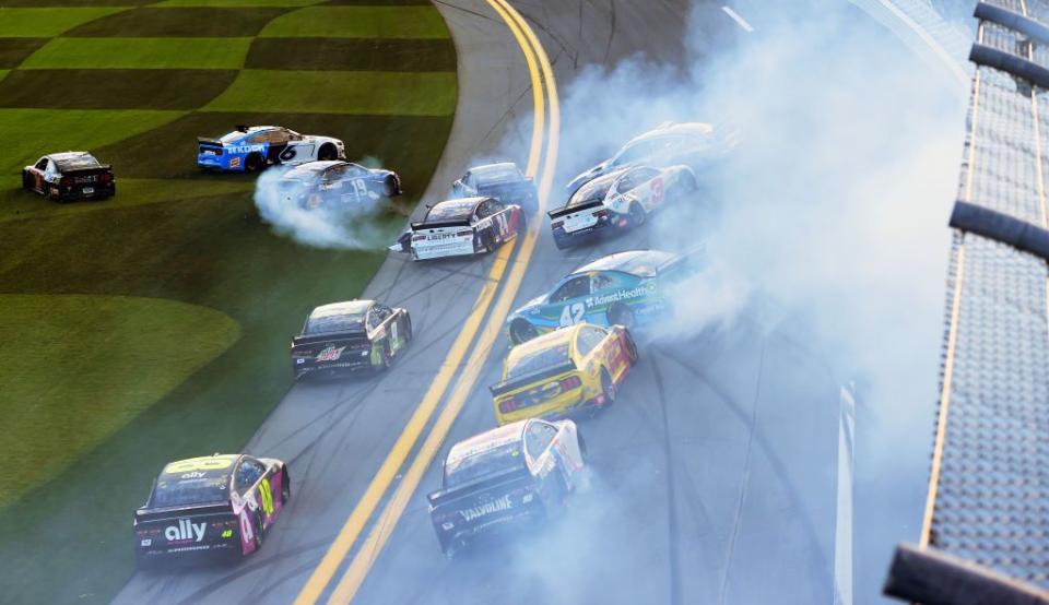 daytona beach, florida february 09 a majority of the drivers in the field are involved in an on track incident during the nascar cup series busch clash at daytona international speedway on february 09, 2020 in daytona beach, florida photo by jared c tiltongetty images