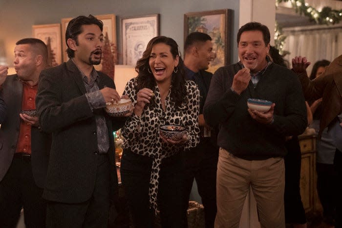 From left Jorge Jr. (Mark Indelicato), Beatriz (Constance Marie) and Jorge Sr. (Benito Martinez) in a scene from Amazon Prime Video's "With Love."