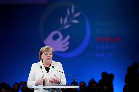 German Chancellor Angela Merkel delivers a speech at the opening session of the Paris Peace Forum as part of the commemoration ceremony for Armistice Day, 100 years after the end of the First World War, in Paris, France, November 11, 2018. REUTERS/Gonzalo Fuentes/Pool