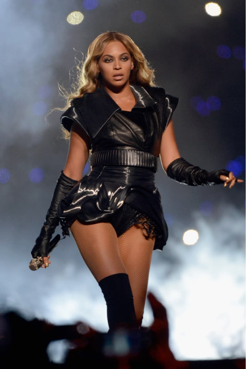 Singer Beyoncé wears a leather outfits as she  performs during the Pepsi Super Bowl XLVII Halftime Show at Mercedes-Benz Superdome on February 3, 2013 in New Orleans, Louisiana.