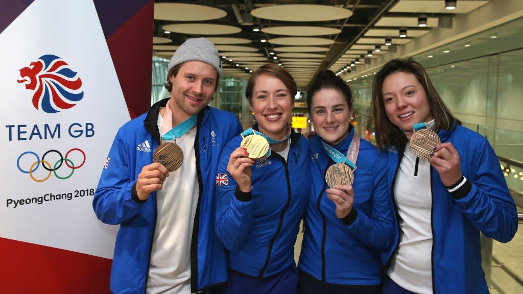 Billy Morgan, Lizzy Yarnold, Laura Deas and Isabel Atkin of Great Britain pose with their Olympic medals in 2018 (Getty Images)