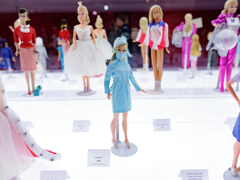 A surgeon Barbie doll on display with other variations of Barbie in 2017.
