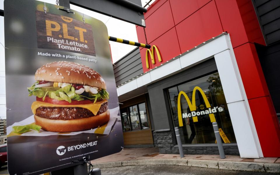 A sign promoting McDonald&#39;s &quot;PLT&quot; burger with a Beyond Meat plant-based patty - REUTERS/Moe Doiron