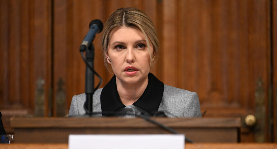 The First Lady of Ukraine, Olena Zelenska, addressed MPs in the Houses of Parliament in London.