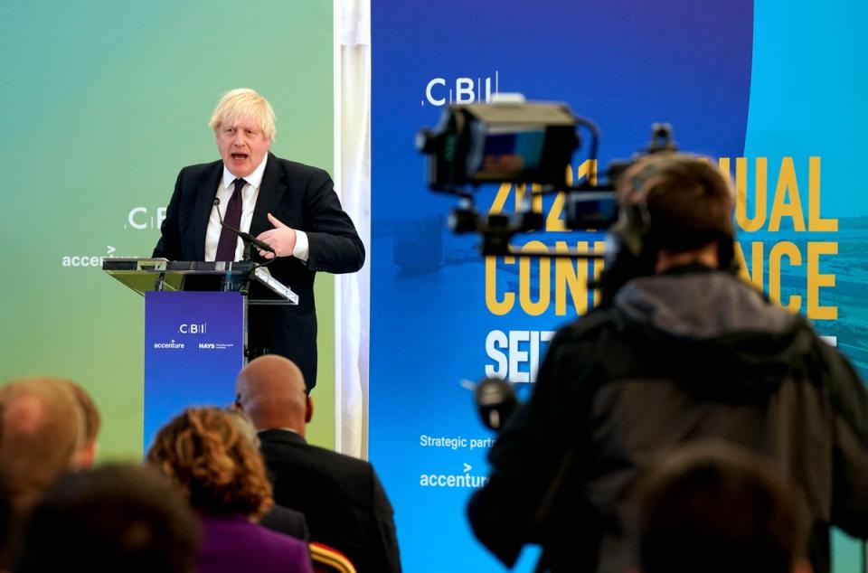 Boris Johnson speaking at the CBI annual conference, where at one point he lost his place for almost 30 seconds (Owen Humphreys/PA) (PA Wire)