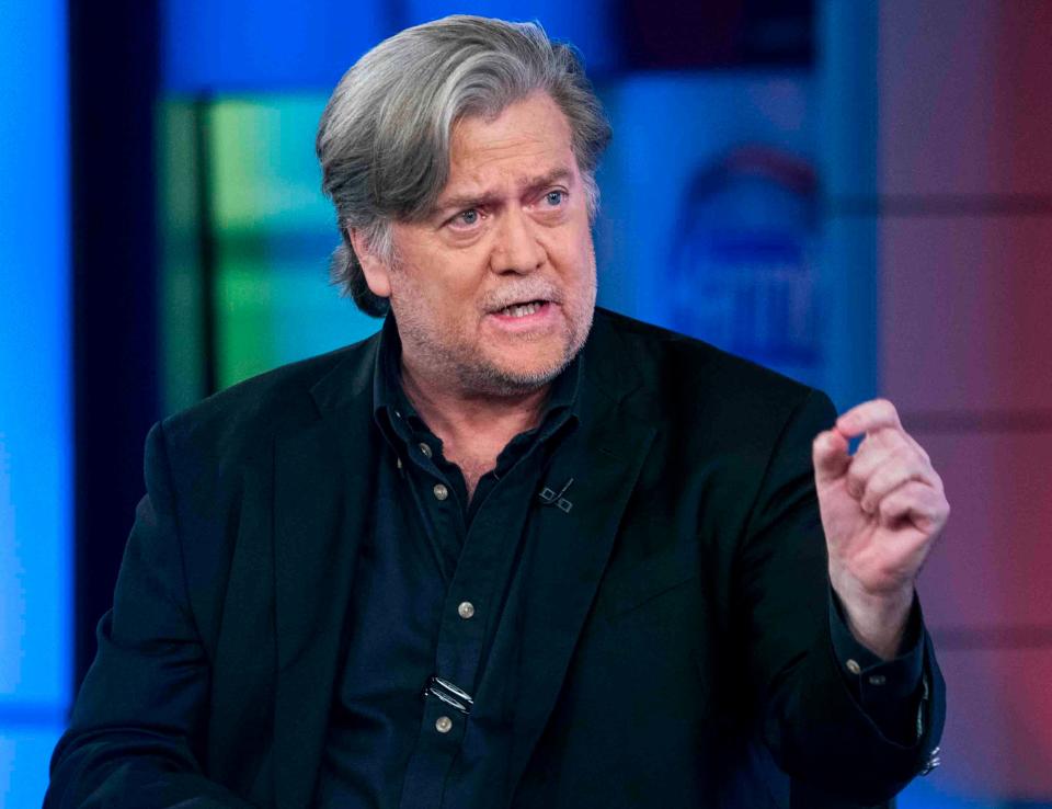 Former White House strategist Steve Bannon speaks during a television interview in New York on Oct. 9, 2017.