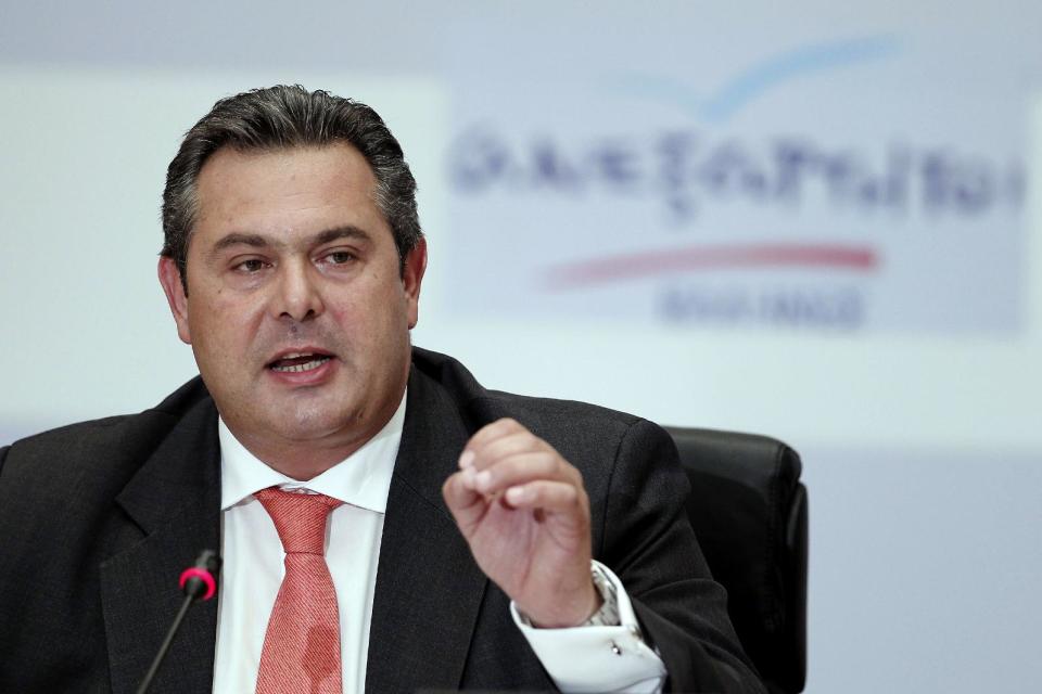 Leader of the Independent Greeks party Panos Kammenos makes a statement to the media in Athens, Thursday, June 14, 2012. Greece faces crucial national elections on Sunday, that could ultimately determine whether the debt-saddled, recession bound country remains in the eurozone. (AP Photo/Petros Giannakouris)