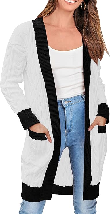 model wearing white and black contrast cardigan