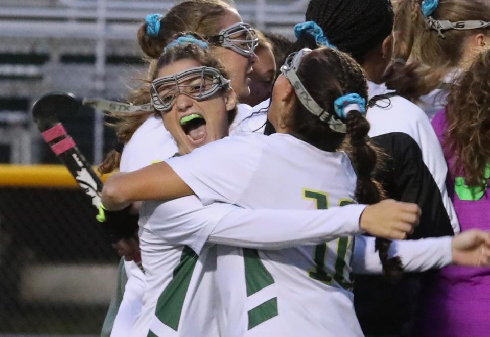 Lakeland's Isabella Basulto, left, and Gabriella Santini celebrate after they beat Horace Greeley 1-0 at Lakeland Oct. 3, 2022.