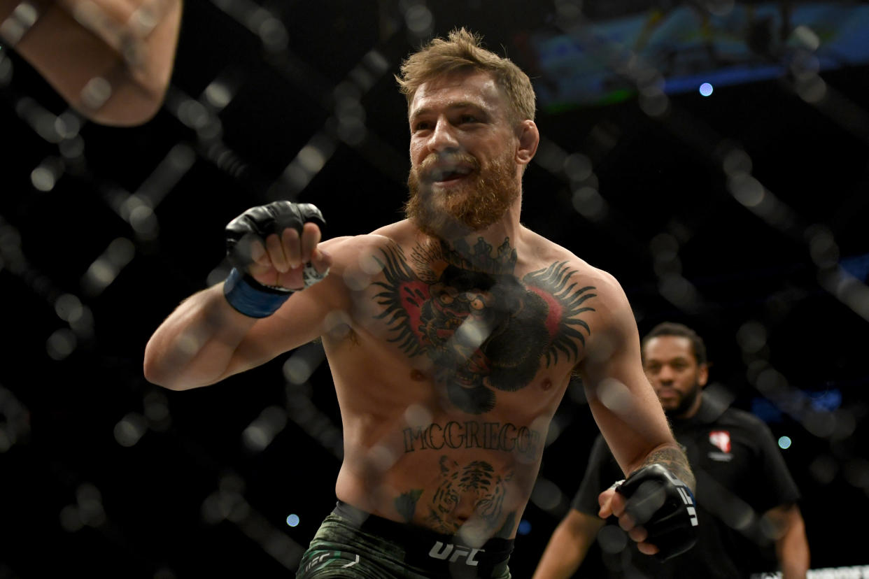 LAS VEGAS, CA - OCTOBER 06: Conor McGregor smiles at Khabib Nurmagomedov during the first round of their match at UFC 229 at the T-Mobile Arena in Las Vegas, Nev. Friday, Oct. 6, 2018. (Photo by Hans Gutknecht/Digital First Media/Los Angeles Daily News via Getty Images)