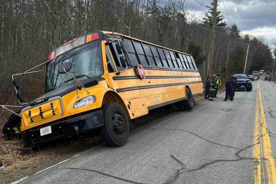 <p>Hubbardston Police Department/ Facebook</p> Massachusetts tipping school bus