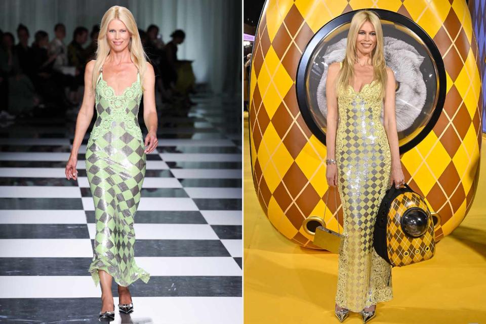 <p>Victor Boyko/Getty, Mike Marsland/WireImage</p> Claudia Schiffer attends the "Argylle" premiere wearing argyle-print dress similar to her Versace runway gown 
