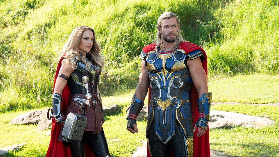 Natalie Portman as Mighty Thor and Chris Hemsworth as Thor