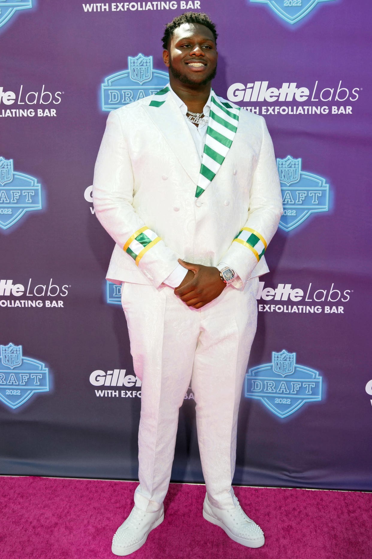 Apr 28, 2022; Las Vegas, NV, USA; North Carolina State offensive tackle Ikem Ekwonu on the red carpet at the Fountains of Bellagio before the first round of the 2022 NFL Draft. Mandatory Credit: Kirby Lee-USA TODAY Sports