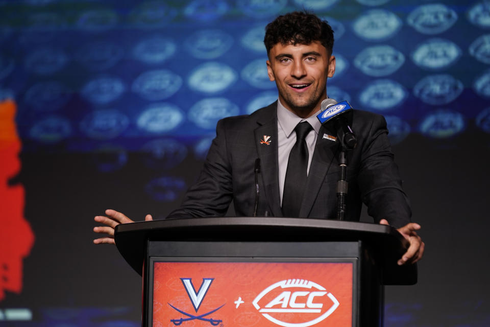 FILE - Virginia quarterback Tony Muskett speaks during the Atlantic Coast Conference NCAA college football media days Wednesday, July 26, 2023, in Charlotte, N.C. Virginia opens their season at Tennessee on Sept. 2. (AP Photo/Erik Verduzco, File)