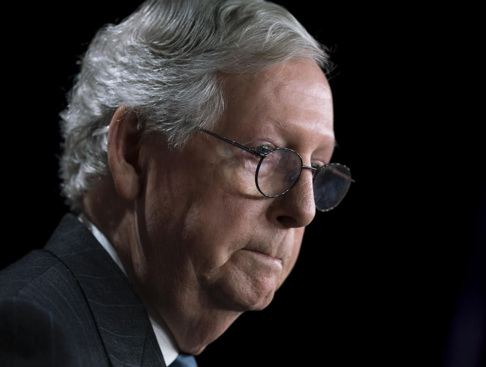 Senate Minority Leader Mitch McConnell, R-Ky., holds an end-of-the-year news conference, at the Capitol in Washington, Thursday, Dec. 16, 2021. McConnell said he plans to visit tornado-ravages areas Friday and Saturday in his home state of Kentucky.(AP Photo/J. Scott Applewhite)
