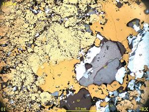 Example of Polished section showing Chalcopyrite (cp), Quartz (qz),Pyrite (Py), Sphalertie (sp)