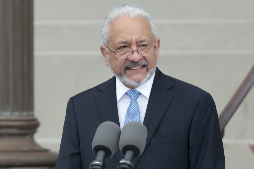 Ricaurte Vasquez, the Panama Canal's new administrator, smiles as he speaks during a swearing-in ceremony at Panama Canal Administration Building in Panama City, Thursday, Sept. 5, 2019. Vasquez will administer the canal for a seven-year period and replaces Jorge Quijano. (AP Photo/Arnulfo Franco)