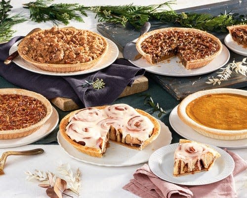 Cracker Barrel is offering Chocolate Pecan, Pecan, Apple Pecan Streusel, and All-American Apple Pie (no sugar added) and the new Cinnamon Roll Pie $12.99.